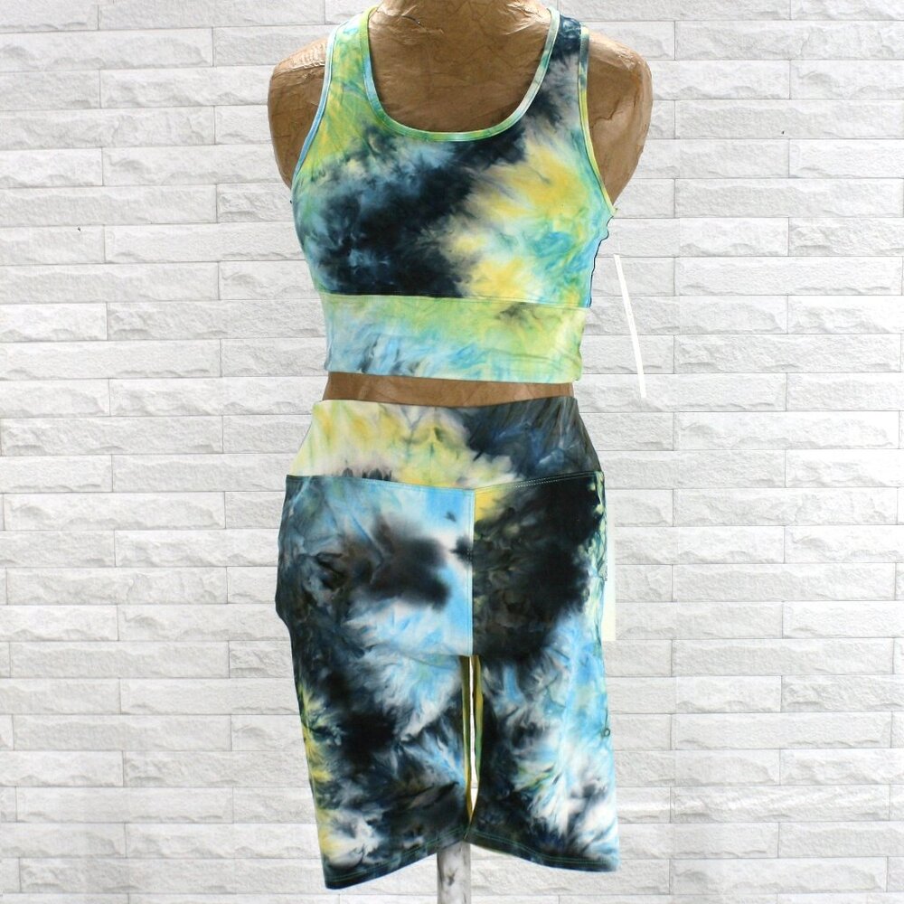 NEW FASHION Biker Shorts Crop Top Set Workout Activewear Blue Tie Dye L XL